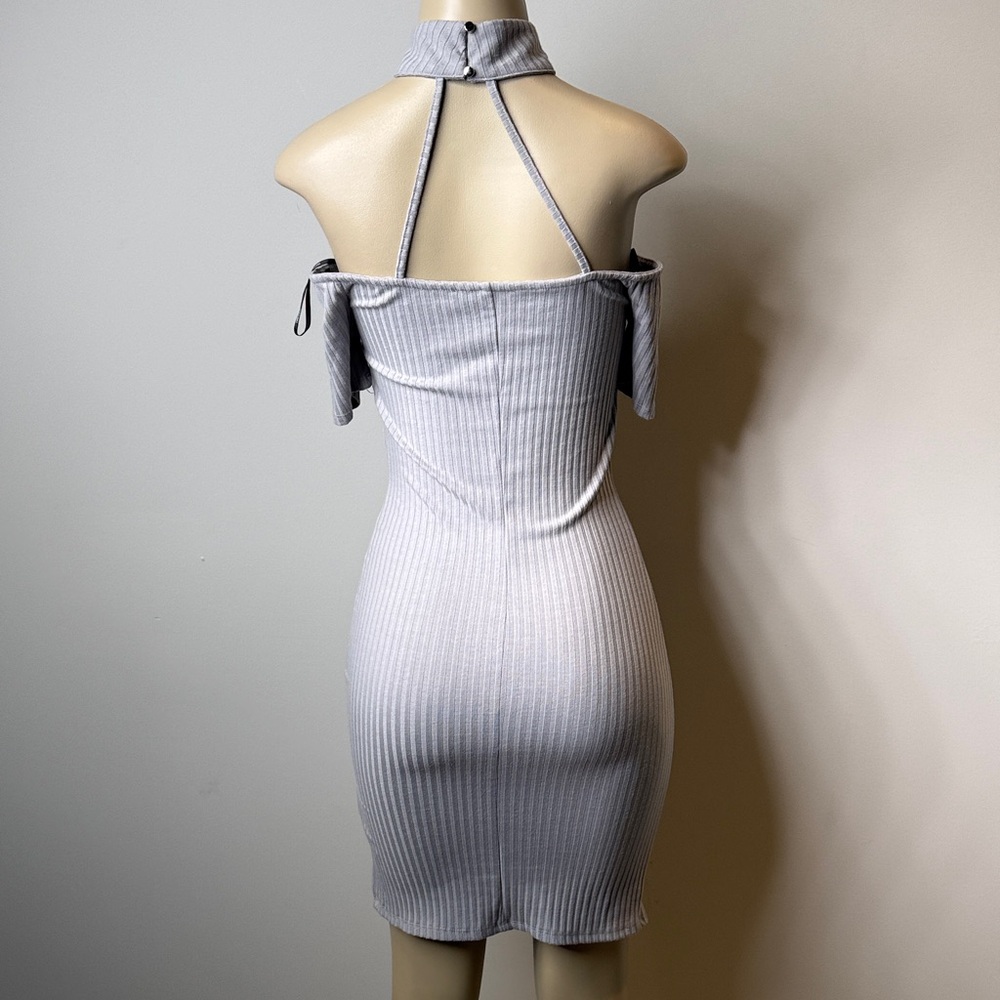 One-Shoulder Ribbed Bodycon Dress with Choker in Light Gray - Picture 9 of 9